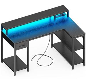 L-Shaped Gaming Desk with LED Lights & Outlets