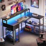 L-Shaped Gaming Desk with LED Lights & Outlets