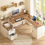 YOMILUVE 63" Farmhouse L Shaped Desk with Storage