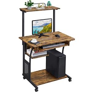 Rolling Computer Desk with Keyboard Tray and Printer Shelf