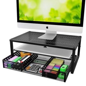 Metal Monitor Stand and Desk Organizer with Drawer