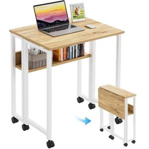 Compact Folding Desk with Wheels and Storage Shelf