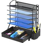 6-Tier Black Desk Document Organizer with Drawer