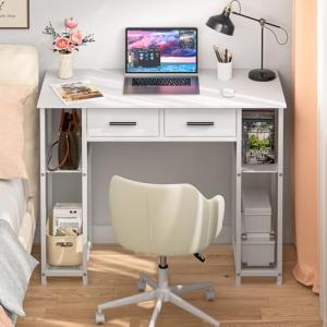 White Computer Desk with Drawers and Storage Shelf