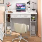 White Computer Desk with Drawers and Storage Shelf