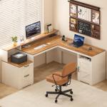 YOMILUVE 63" Farmhouse L Shaped Desk with Storage