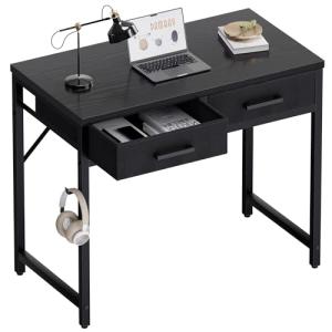 Pamray 32-Inch Small Black Computer Desk with Drawers