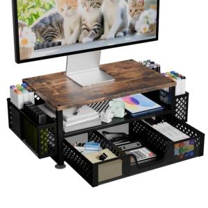 Wooden Desk Organizer with Monitor Stand and Drawer