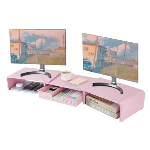 Pink Dual Monitor Stand with Drawer and Organizer