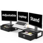 Adjustable Dual Monitor Stand with Storage Drawers