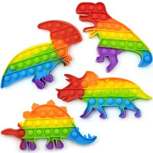 Dinosaur Pop Fidget Toys Set, Silicone Rainbow Dinosaur Popper Fidget Set for Children, Sensory Squeeze Toys Stress Reliever Tool for Kids Adult ADHD T-Rex 4 Pack