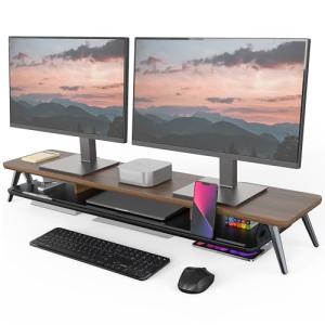 Fenge Dual Monitor Stand, Monitor Stands Riser for 2 monitors, 42.5 Inch Wood Desk Shelf with Storage Organizer and Cable Management for Office Desk Accessories