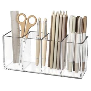 NIUBEE Clear Acrylic Pen Holder with 4 Compartments