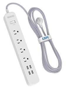 15ft Braided Surge Protector with USB Ports