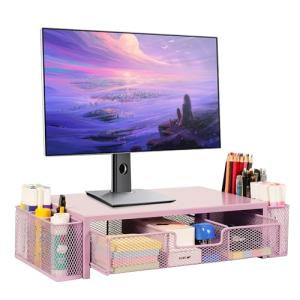 Pink Computer Monitor Stand with Drawer and Organizers