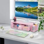 Pink Computer Monitor Stand with Drawer and Organizers
