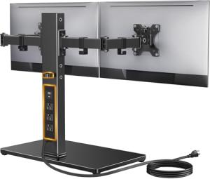 Dual Monitor Stand with Power Strip and Adjustable Arms