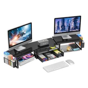 Dual Monitor Stand with Drawer and Pen Holders