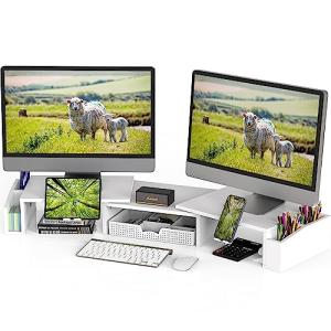 White Dual Monitor Stand with Storage Drawer