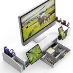 White Dual Monitor Stand with Storage Drawer