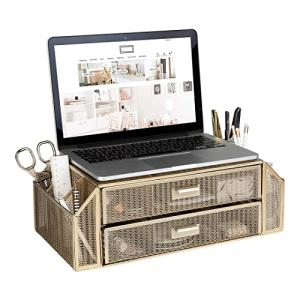 Gold Monitor Stand with Drawer Storage Organizer