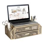 Gold Monitor Stand with Drawer Storage Organizer