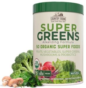 Country Farms Organic Super Greens Natural Flavor, 50 Organic Super Foods, Packed with Fiber, USDA Organic Drink Mix, Fruits, Vegetables, Mushrooms & Probiotics, Supports Energy, 6g Fiber