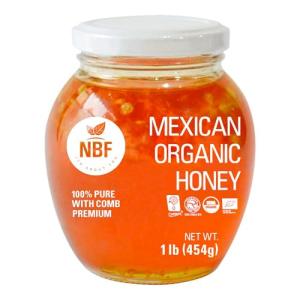 NBF NATURA BIO FOODS - Organic Raw Honey with Honeycomb | No Added Sugar | Gluten-Free | Rich in Antioxidants from Wildflowers | Ideal for Drinks & Pancakes, 1 lb