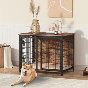 MAHANCRIS Dog Crate Furniture with Cushion, Wooden Dog Kennel with Double Doors, Heavy Duty Dog Cage for Small/Medium/Large Dogs, Indoor Dog House End Table, 31.5" L, Rustic Brown DCHR0701Z1