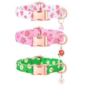 Guiqulai 3 Pack Floral Dog Collars for Small Dogs Pink Dog Collar with Flower Pendant for Girl Female Dogs Adjustable Puppy Collars Pet Collar (9-14.5 inch)