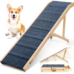𝟐𝟎𝟐𝟔 𝐔𝐩𝐠𝐫𝐚𝐝𝐞𝐝 Dog Ramp for Bed, 64" Long Foldable Pet Ramp for Small Large Dogs, Dog Ramps for High Beds Car, High Traction with Platform 6 Adjustable Heights 24" to 30" Up to 220LBS, Wood