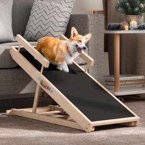 Chuiendi Dog Ramp for Bed, Couch, Car, Folding Pet Ramps 44.48" Long Adjustable 15"-22" Wooden Stairs with Anti-Slip Rubber Mat & Safety Side Rails for Small & Medium Old Dogs & Cats, up to 200 lbs