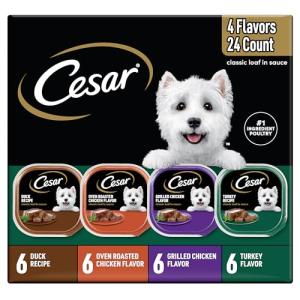 Cesar Wet Dog Food Classic Loaf in Sauce, Duck Recipe, Oven Roasted Chicken Flavor, Grilled Chicken Flavor, and Turkey Flavor, 3.5 oz. Easy Peel Trays, Variety Pack, 24 Count