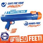 Nerf Dog Large Size Tennis Ball Blaster Dog Toy, Great for Fetch, Hands-Free Reload, Launches up to 50 ft, Single Unit, 20in Blaster with 3 Balls in Mesh Bag, Blue/Orange, Blue, Green and Orange