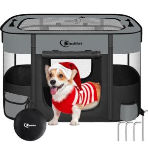 Siedihit Dog Cat Playpen, Pet Puppy Portable Pens for Outdoor Travel Crate, Indoor After Surgery Use, Foldable Dog Kennel Tent for Rabbit or Small Animals and Tent Stakes (Dark Grey, Small)