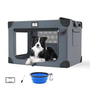 QUIBBLICK 36 Inch Soft Dog Crates, Portable Travel Crate for Large Dogs, 3-Door Foldable Soft Kennel with Mesh Windows for Indoor & Outdoor Travel, with Blanket and a Foldable Bowl