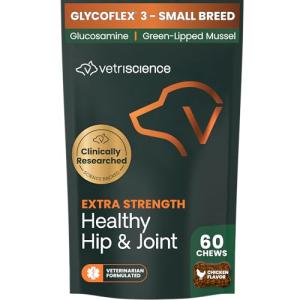 VetriScience Extra Strength Healthy Hip & Joint Chews, GlycoFlex Glucosamine and Green-Lipped Mussel Joint Support Supplement for Small Breed Dogs, Soothe Joint Discomfort, Chicken, 60 Count