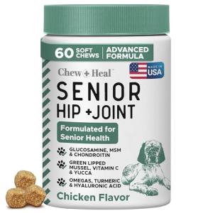 Chew + Heal Labs Glucosamine for Dogs Hip and Joint Supplement - 60 Senior Dogs Mobility Soft Chews - Made with Glucosamine, MSM, Chondroitin, Green Lipped Mussels and More - Made in The USA