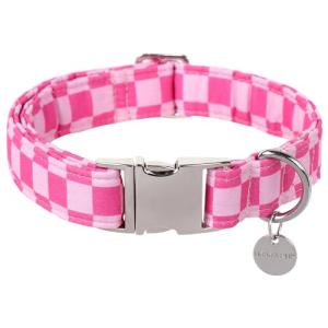 UP URARA PUP Dog Collar for Summer,Cute Pink Plaid Dog Collar,Cotton Puppy Collar with Adjustable Metal Buckle for Small,Medium,Large Girl Boy Dog