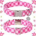 UP URARA PUP Dog Collar for Summer,Cute Pink Plaid Dog Collar,Cotton Puppy Collar with Adjustable Metal Buckle for Small,Medium,Large Girl Boy Dog