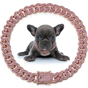 LEIFIDE Dog Chain Collar Diamond Link Puppy Collar 12 mm Wide Dog Necklace Metal Cat Chain Pet Crystal Necklace Jewelry Accessories for Small Medium Large Pet(14 Inch,Rose Gold, Pink)