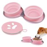 PawSailor Collapsible Dog Bowls, 2-in-1 Pet Portable Travel Double Bowl Water Food Feeder Traveling Camping & Walking 25oz Pink