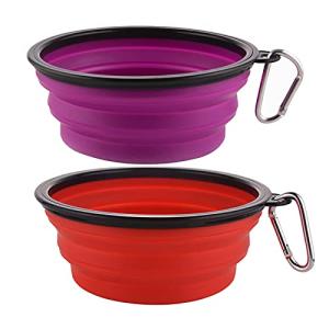 Large Collapsible Dog Bowls, 34oz Travel Water Food Bowls Portable Foldable Collapse Dishes with Carabiner Clip, 2 Pack (Purple+Red)