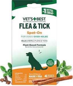 Vet’s Best Natural Flea and Tick Drops for Dogs – Natural Topical Flea Prevention with Certified Essential Oils – Plant-Based Spot-On Treatment for Large Dogs – Pest Control – 4 Month Supply