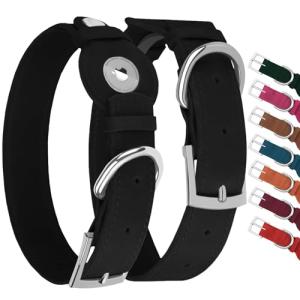 Leather Dog Collar with Airtag Holder - Apple Air Tag Dog Collars - Soft Tracking GPS Pet Collar for Small Medium Large Dogs Breed Puppy (Black, S, 9"-12" Neck Fit)