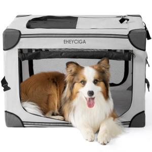 EHEYCIGA Collapsible Dog Crate 30 Inches, Portable Travel Crate for Medium Dogs, Soft Foldable Pet Kennel with 4-Door Mesh Windows Indoor & Outdoor, Grey