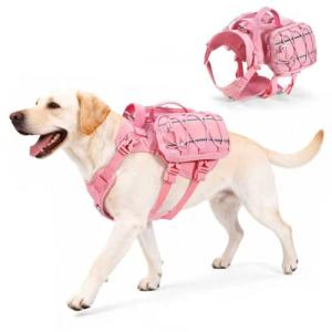 AOKOWN Dog Harness for Large Dogs, No Pull Service Dog Vest with Handle & Hook, Adjustable Dog Backpack with Side Pockets for Hiking Walking Training Running, Pink, L