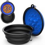 2 Pack [Slow Feeder Design + Regular], Collapsible Dog Bowl Travel Portable Pet Bowls, [34oz,1000ml] Foldable Food Water Feeding Dishes for Traveling Hiking Walking with Carabiners [Blue,Black]