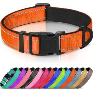Joytale Reflective Dog Collar, Soft Neoprene Padded, Metal D-Ring, Nylon Pet Collar Adjustable for Large Dogs, Orange, L