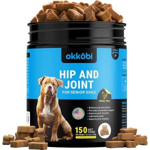 OKKÖBI ZENO Glucosamine HCL & Hip and Joint Chews for Dogs - 150 pcs - Advanced Hip and Joint Support for Senior Dogs - with MSM & Green Lipped Mussel - Chicken